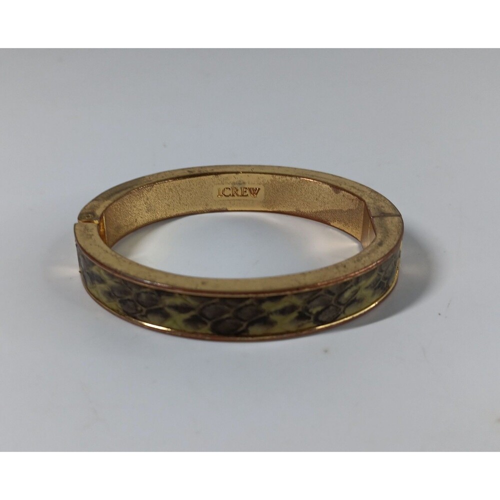 J Crew Snake Reptile Animal Print Hinged Clamp Clamper Bangle Bracelet Gold Tone